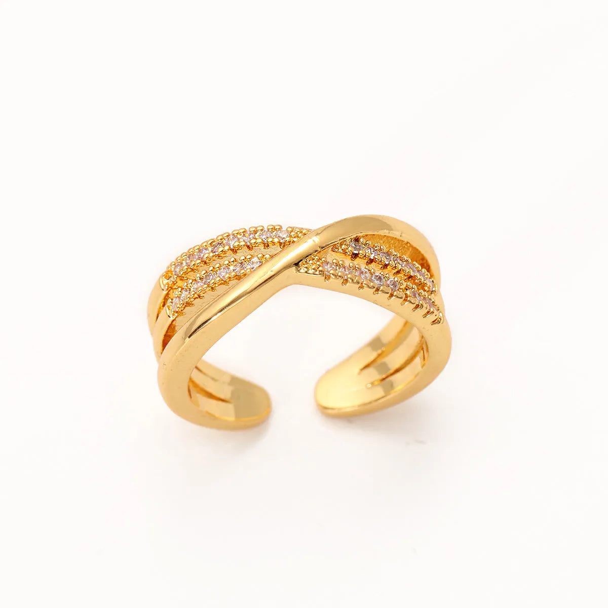 Women's gold electroplated open ring with copper base and geometric line design, single ring