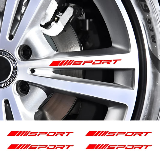 PET car rim stickers with hollow sports pattern in red, black, and white for alloy wheel decoration