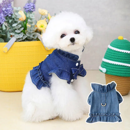 Blue denim dog dress with ruffles and integrated harness for leash attachment.