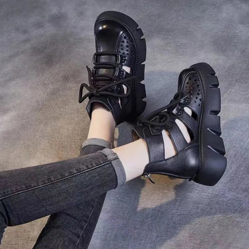 Women's platform sandals with hollow hole design in cowhide leather and fish mouth toe shape