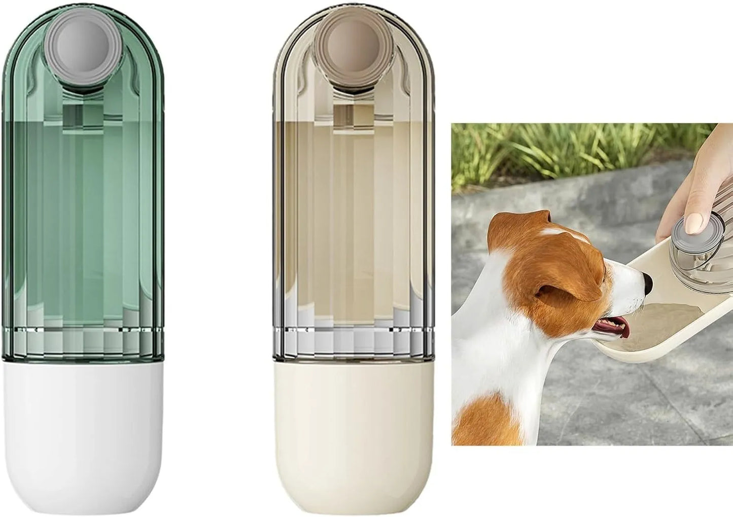 Beige or green foldable dog water bottle with food container, measuring 21.5cm height