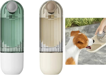 Beige or green foldable dog water bottle with food container, measuring 21.5cm height