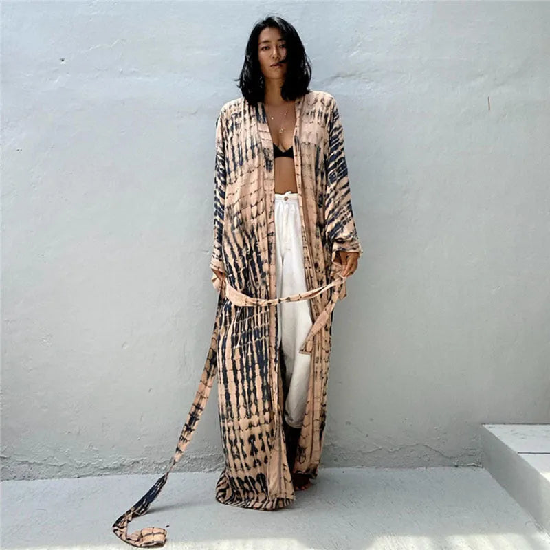 Printed cotton beach cover-up shirt in DN0712 series colours showing loose fit and 135cm length for sun protection