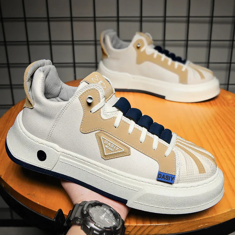 Men's beige low-top sneakers with elastic band closure and leather stitching on microfiber upper