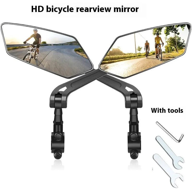 Black bicycle rearview mirror with 360 rotation adjustment for 2-2.4cm handlebars, shown with installation tools