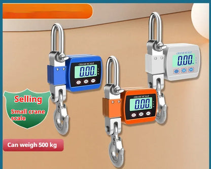 Blue electronic digital hook scale displaying weight, with hook for weighing items.