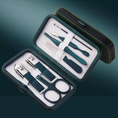 Professional stainless steel manicure set with emerald green case