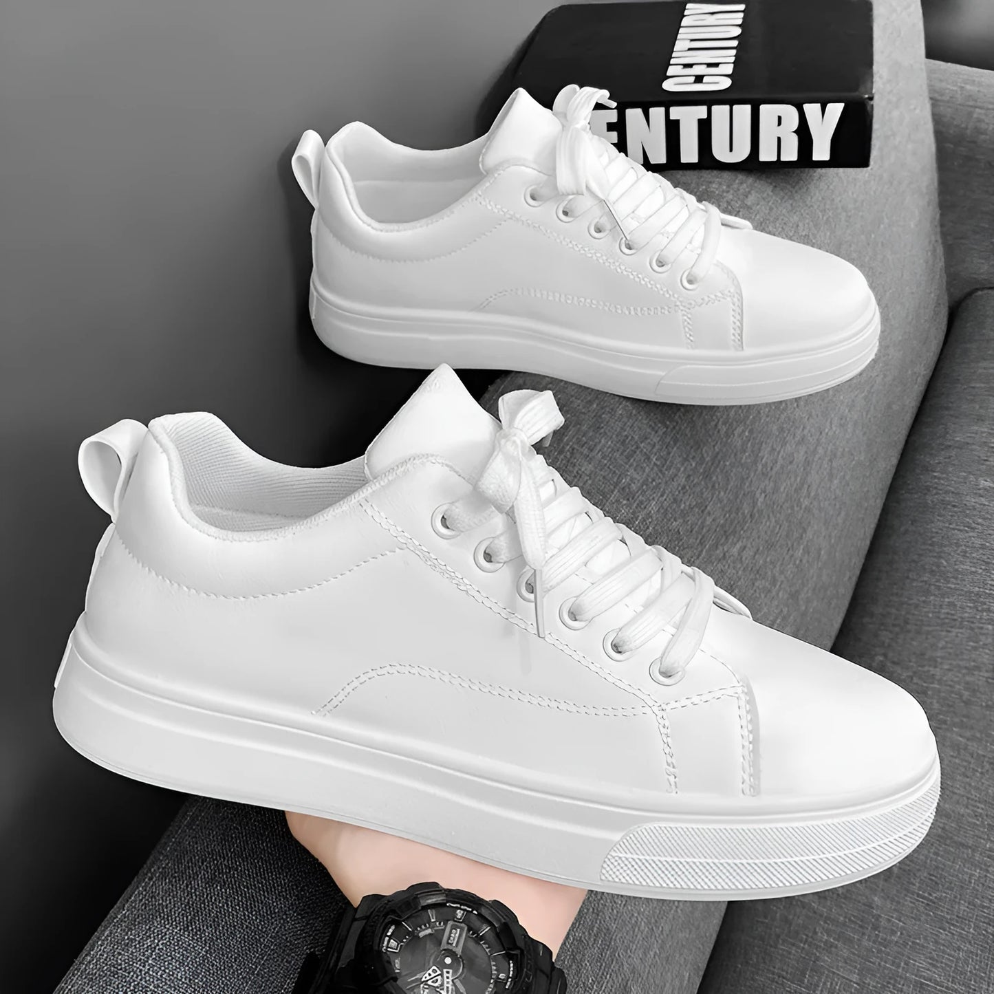 Men's low top casual sneakers in Korean style, shown in black, white, and two-tone colour options on a rubber sole.