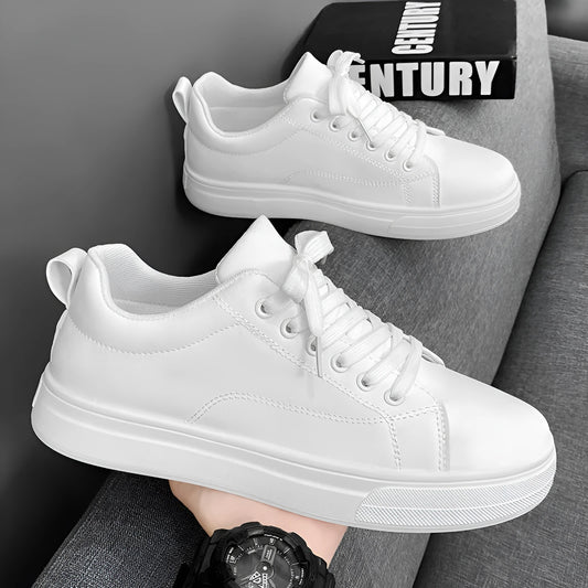 Men's low top casual sneakers in Korean style, shown in black, white, and two-tone colour options on a rubber sole.