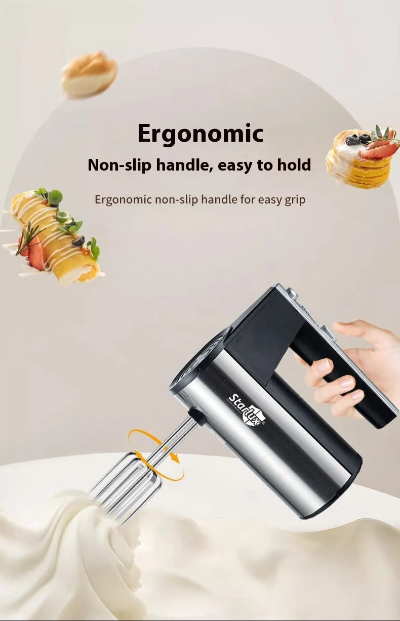 SL-25209 white electric hand mixer with stainless steel beaters and 5-speed control dial