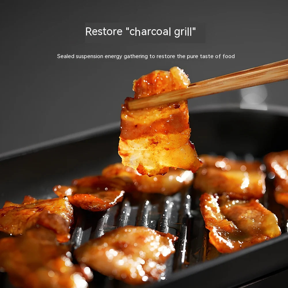 Mini electric barbecue plate grill with titanium black finish, measuring 350cm long, for smoke-free indoor cooking
