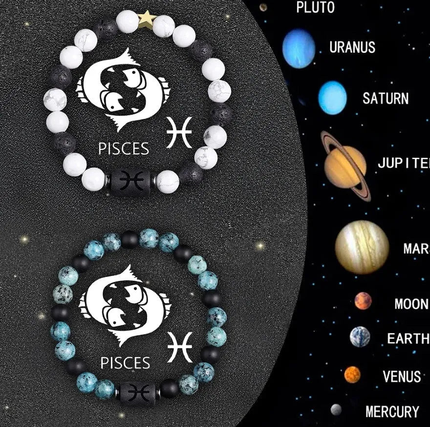 Twelve Zodiac Sign beaded bracelet set with natural stone beads and stainless steel clasp on wrist