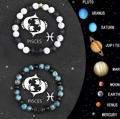 Twelve Zodiac Sign beaded bracelet set with natural stone beads and stainless steel clasp on wrist