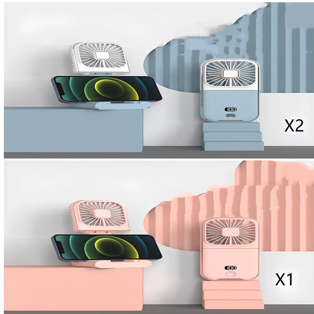 F30Pro folding portable handheld fan in white with digital display, 169x81x20mm size, USB charging, plastic blades for cooling