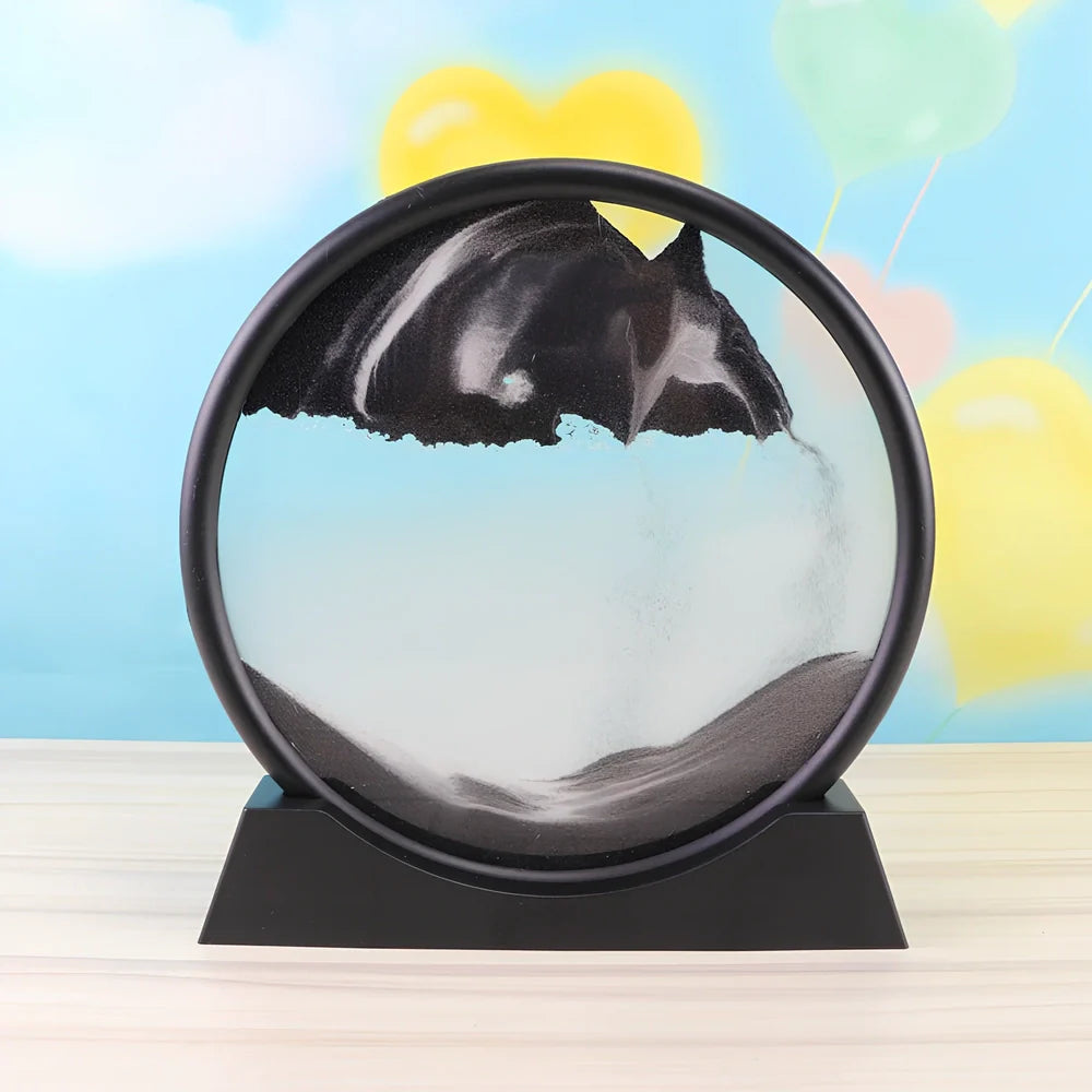 7-inch 3D quicksand painting ornament in blue with 18cm dynamic sand flow inside polished glass frame, 19cm tall