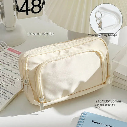Double layer pencil case in solid colour with gift handle, dimensions 215mm by 135mm