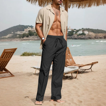 Men's straight leg cotton linen beach trousers with drawstring elastic waist