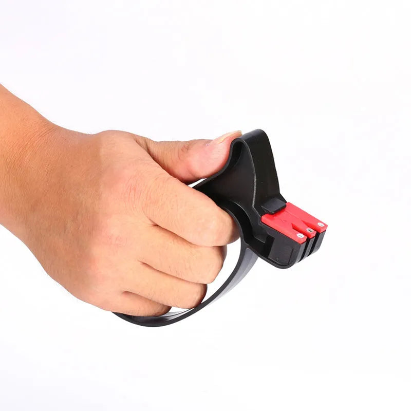 Black handheld knife and scissor sharpener tool with tungsten steel blade measuring 140mm