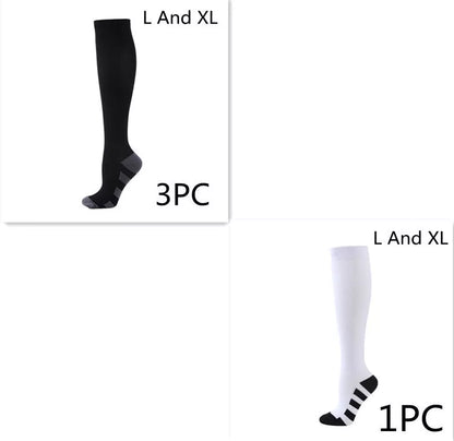 Athletic compression socks with three-bar design in black, pink, and white