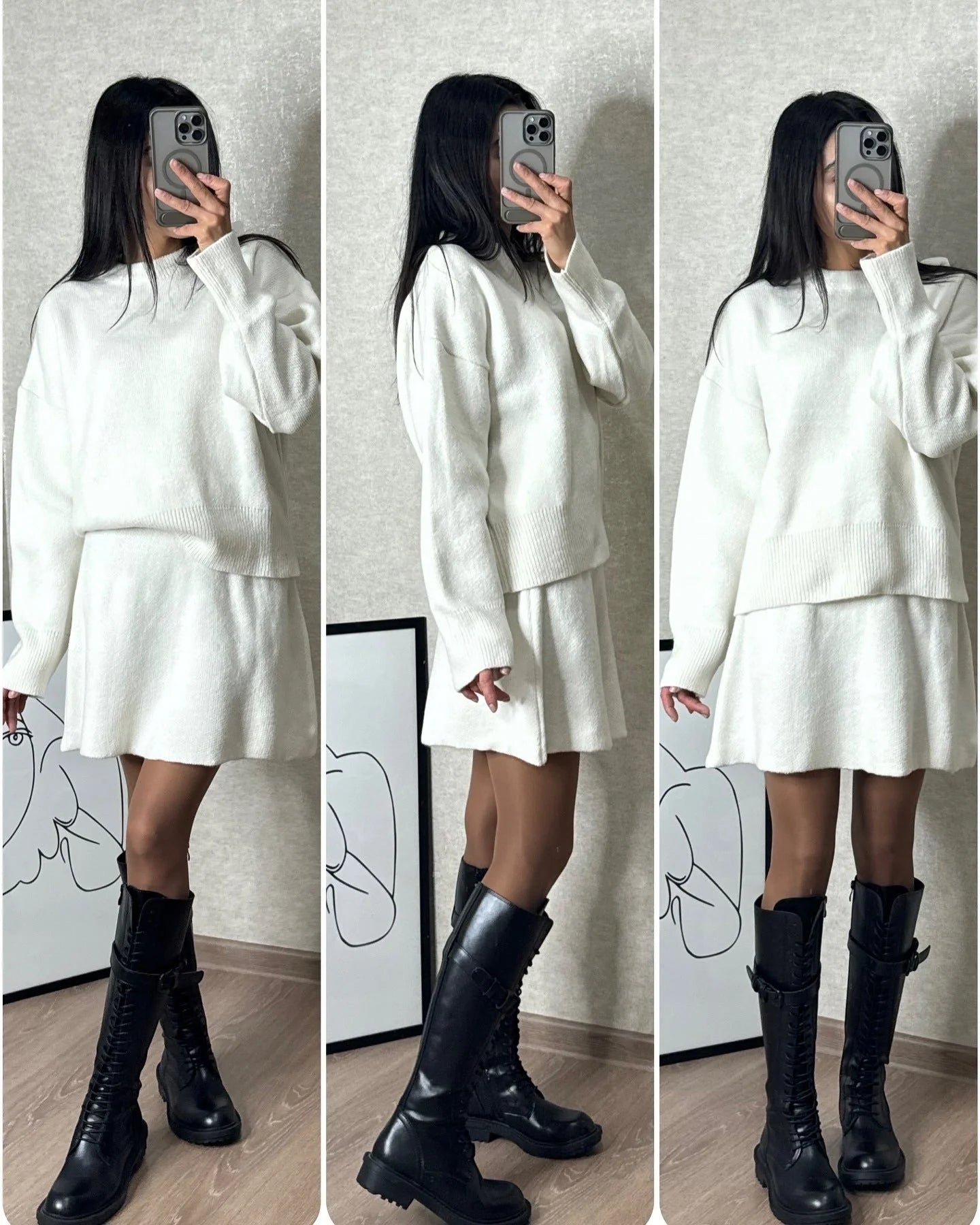 Stylish two-piece knit sweater and mini skirt set for women in a variety of classic colors