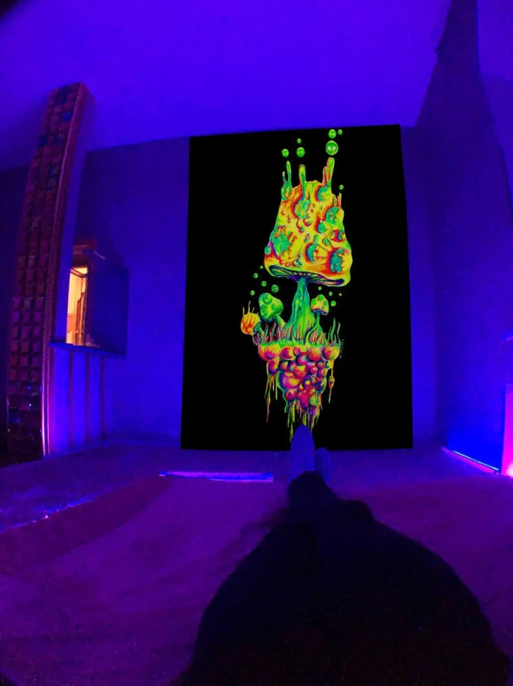 Fluorescent tapestry with psychedelic mushroom pattern glowing under UV light, measuring 150x130cm