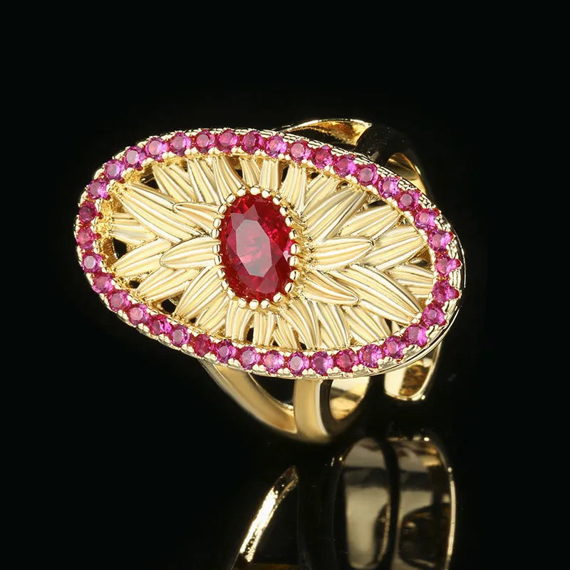 Gold-plated red corundum simulation jewellery set with necklace, ring and ear studs