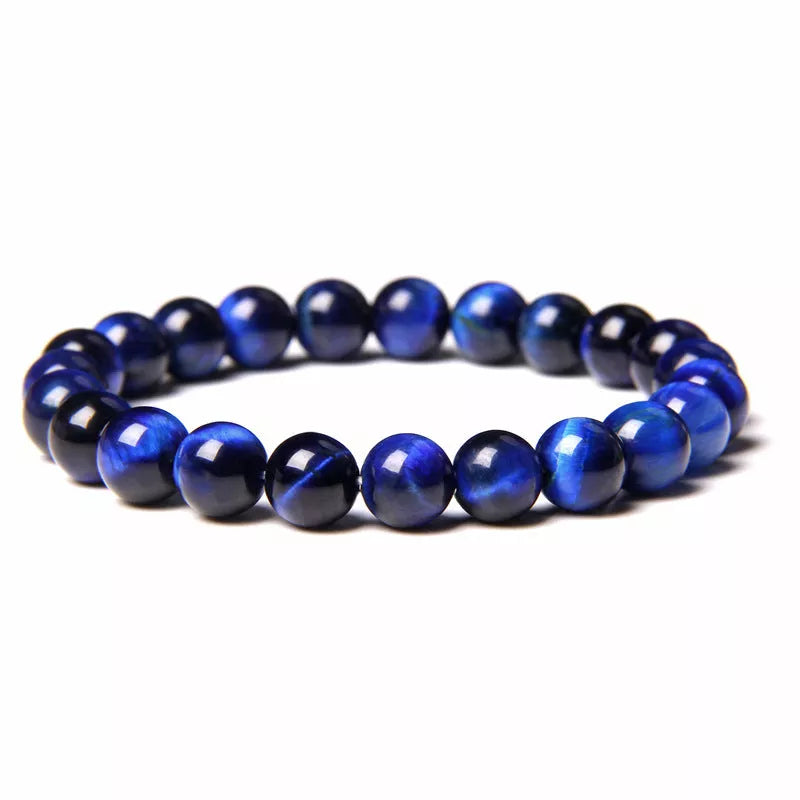 Handmade 8mm blue tiger stone couple bracelet with gold-plated inlay