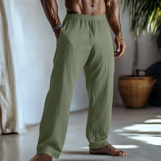 Straight-leg casual trousers in a cotton linen blend fabric shown in a solid colour.