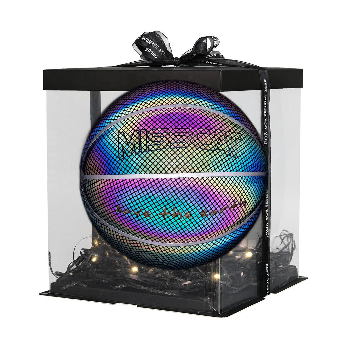 Glowing luminous basketball with mesmerizing rainbow, moon, and multicolored lighting effects for dazzling nighttime games