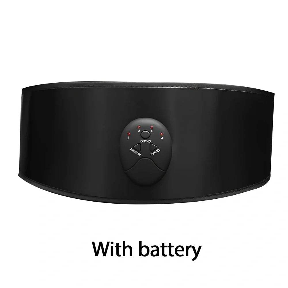 Black abdominal slimming belt with vibration unit and adjustable leather strap for muscle stimulation