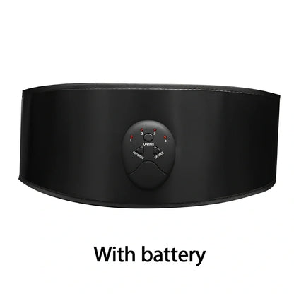 Black abdominal slimming belt with vibration unit and adjustable leather strap for muscle stimulation