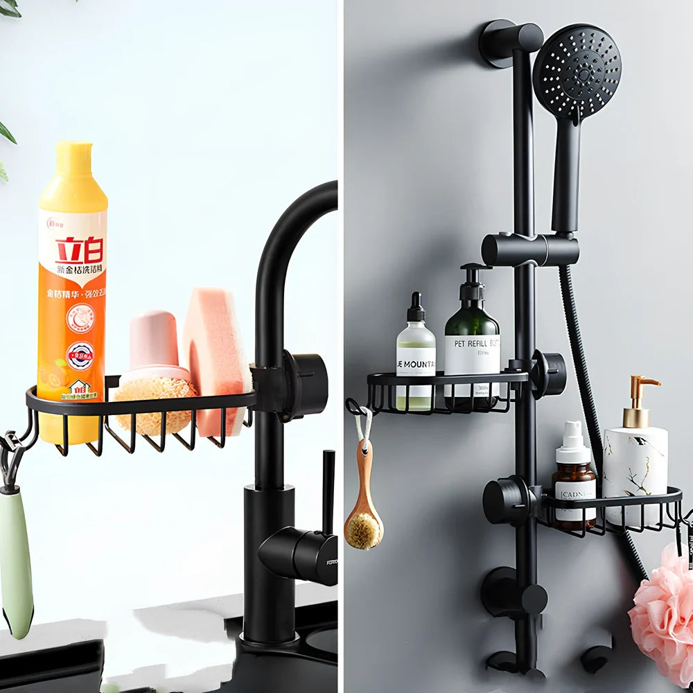 Black aluminium shower storage rack with shelves for bathroom organisation