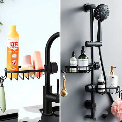 Black aluminium shower storage rack with shelves for bathroom organisation