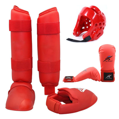 Red and blue karate protective gear set showing helmet, boxing gloves, and leg guard.