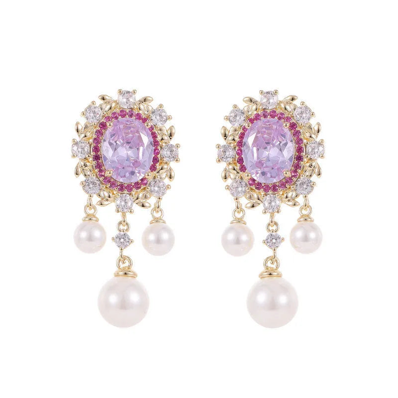 Oval geometric earrings with zircon inlay and pearl tassel in light purple colour option