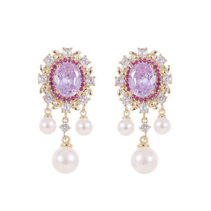 Oval geometric earrings with zircon inlay and pearl tassel in light purple colour option