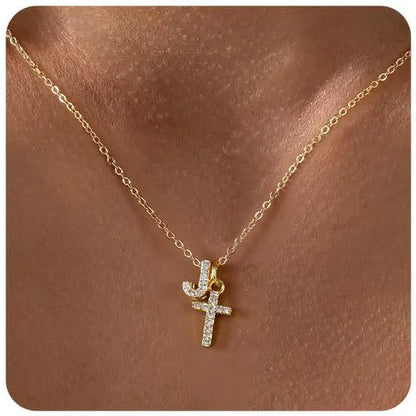 A-Z zircon inlaid letter necklace on a copper regular chain with electroplated finish