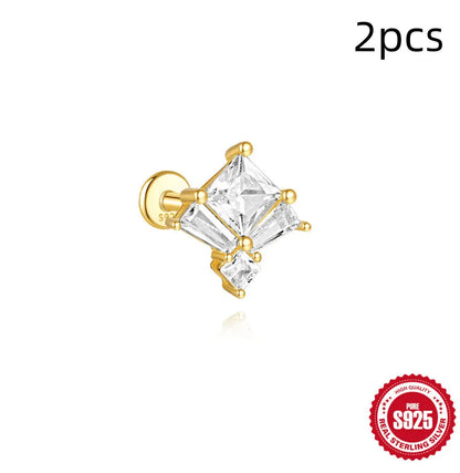 S925 sterling silver zircon stud earrings with a delicate 1.5cm gold-tone chain drop, shown in clover design.