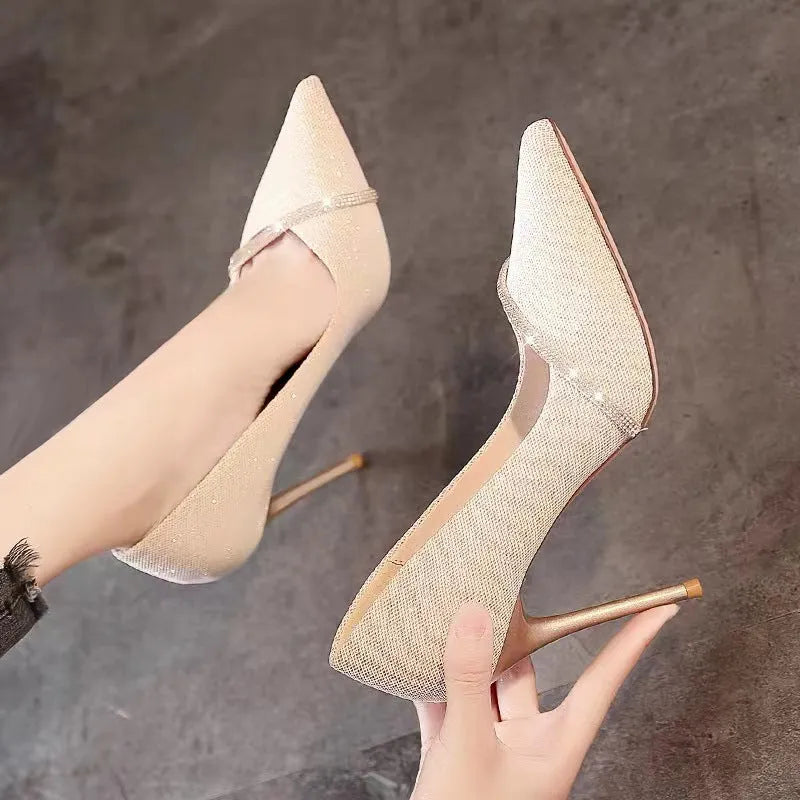 Women's stiletto high heels pointed toe low-cut pumps in black or gold with 6cm or 9cm heel heights, available in sizes EU 34 to 40 with rubber soles and PU upper for eveningwear, formal events, and party outfits