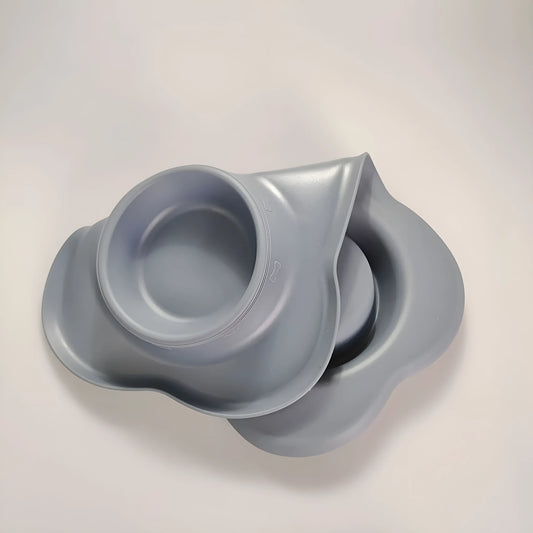 Large silver grey silicone dual compartment dog bowl with stainless steel base for separating food types