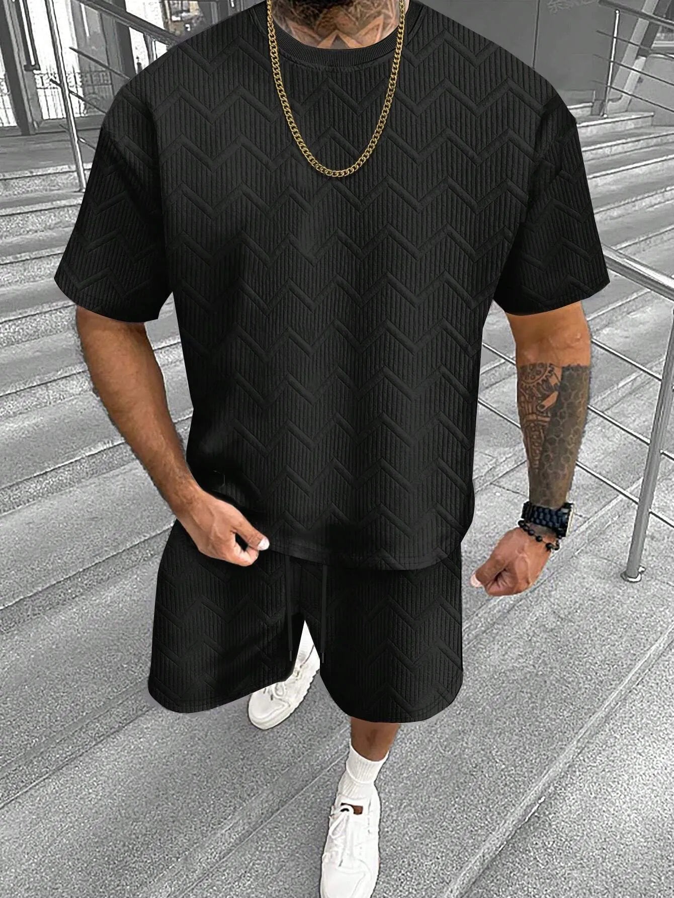 Men's short sleeve shorts suit with 3D digital printed pattern in polyester blend fabric