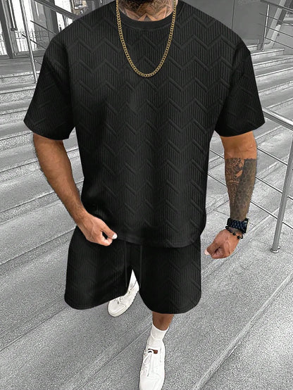 Men's short sleeve shorts suit with 3D digital printed pattern in polyester blend fabric