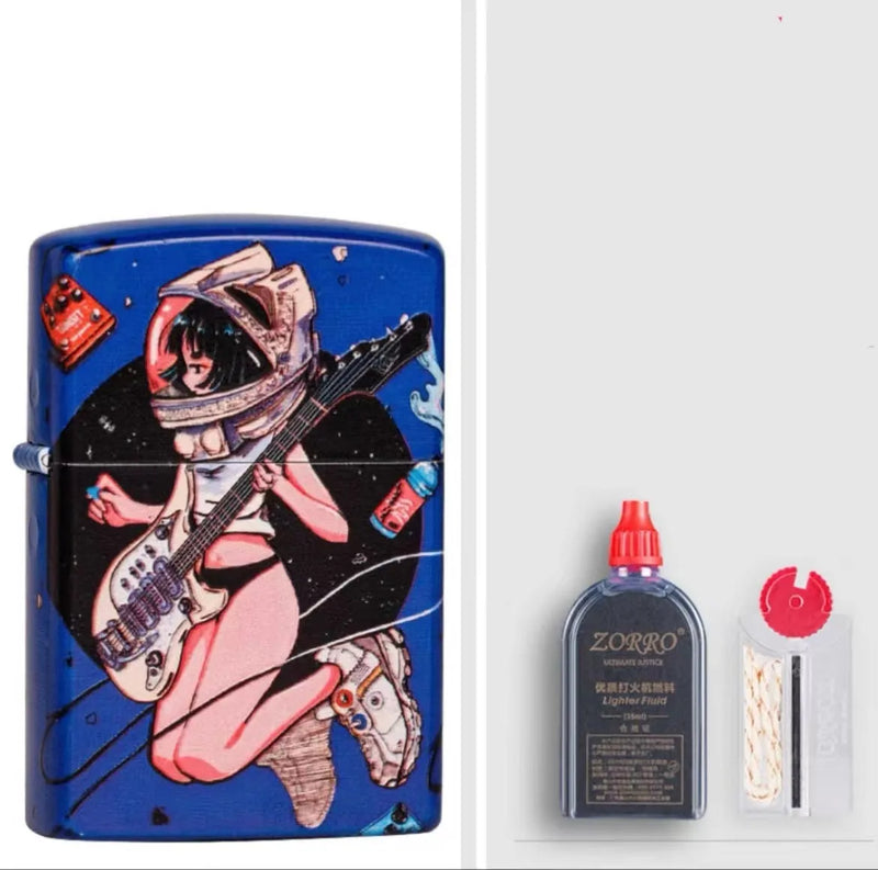 Kerosene lighter windproof with grinding wheel secondary element, featuring a steel liner and pure copper case measuring 58x39x13mm, includes 16 storm holes, available in multiple decorative designs like Astronautic girl and Literary and artistic girl.
