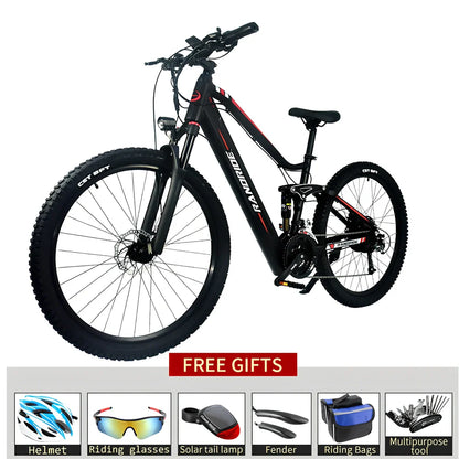 Black and red electric mountain bike with full suspension, 27.5-inch wheels, and down tube battery