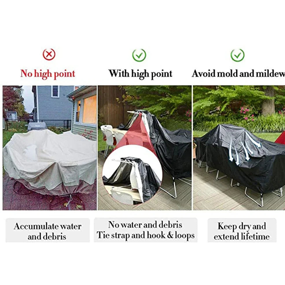 Waterproof furniture cover protecting outdoor table and chairs from rain with integrated storage bag