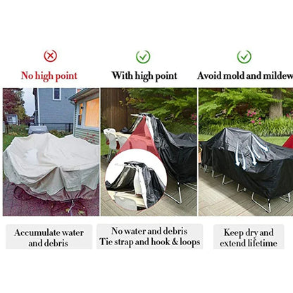 Waterproof furniture cover protecting outdoor table and chairs from rain with integrated storage bag