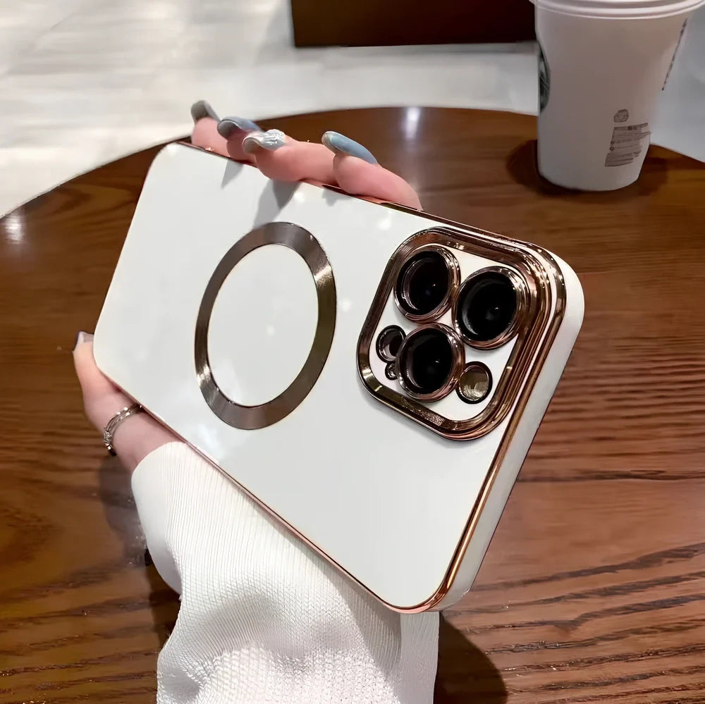 Electroplated metal brushed magnetic iPhone case showing magnetic ring and precise port cutouts