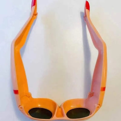 Orange personality style sunglasses with plastic frames measuring 15cm wide by 20cm high