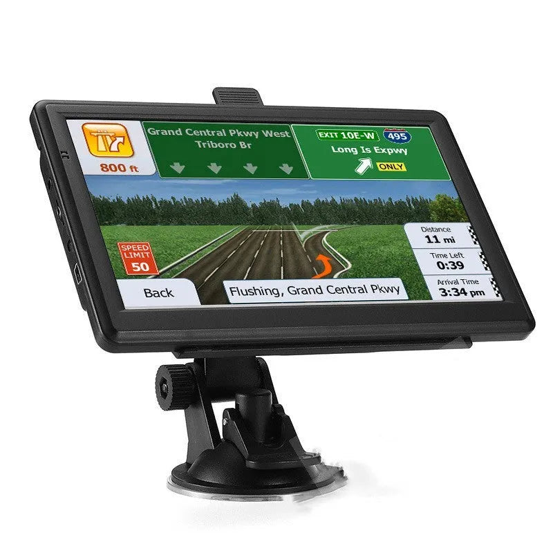7-inch black car GPS navigator mounted on a windscreen bracket showing a map of Europe on its HD touchscreen.