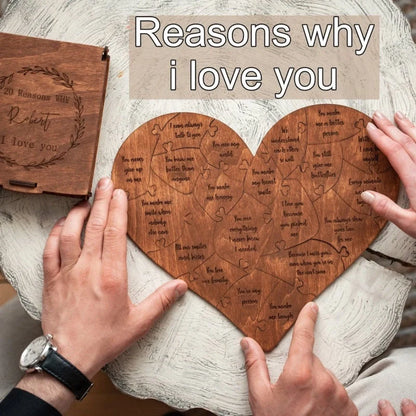 Wooden heart puzzle with love messages for romantic gifts, light brown color.